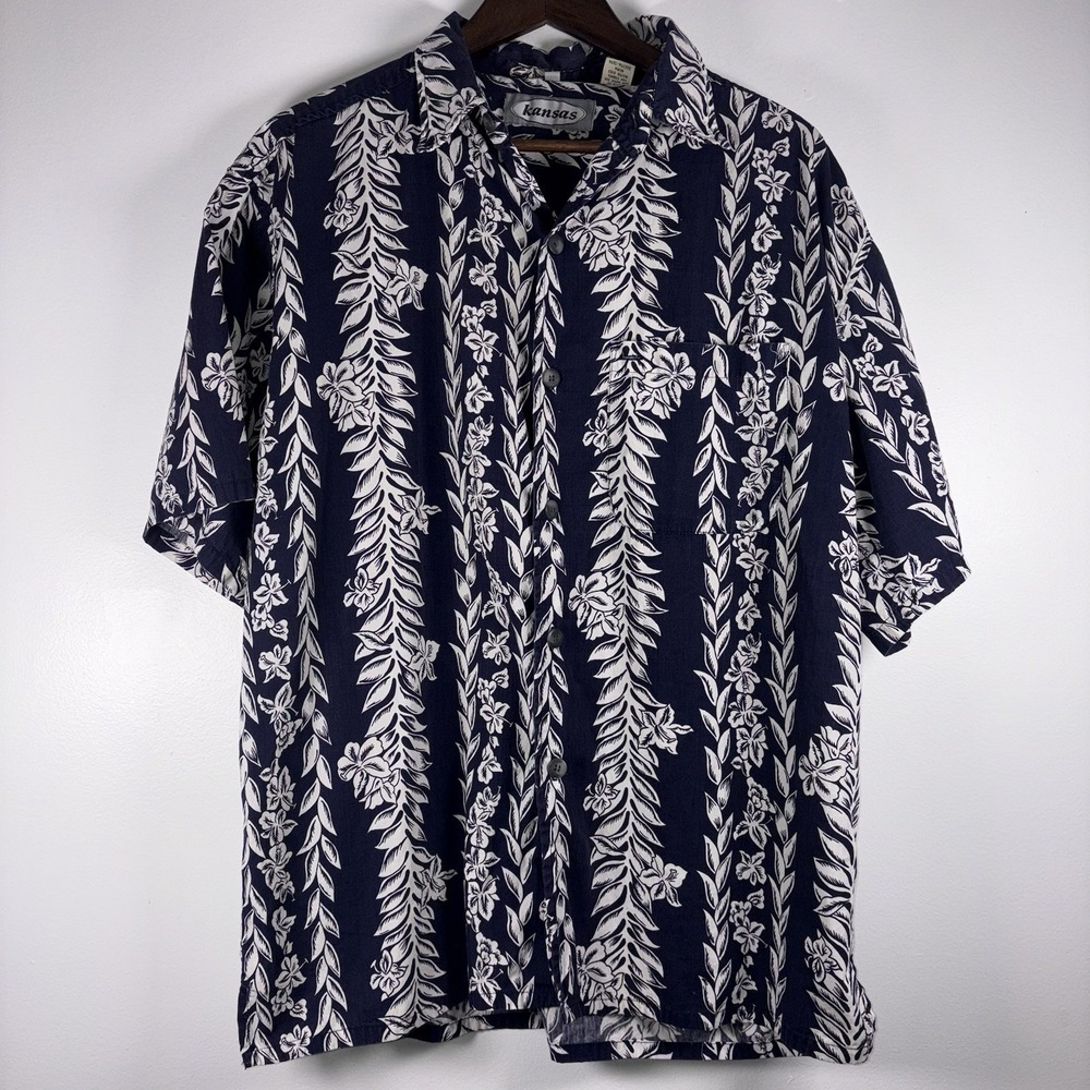 Kansas Hawaii Mens Blue White Floral Cotton Hibiscus Aloha Shirt Short Sleeve L